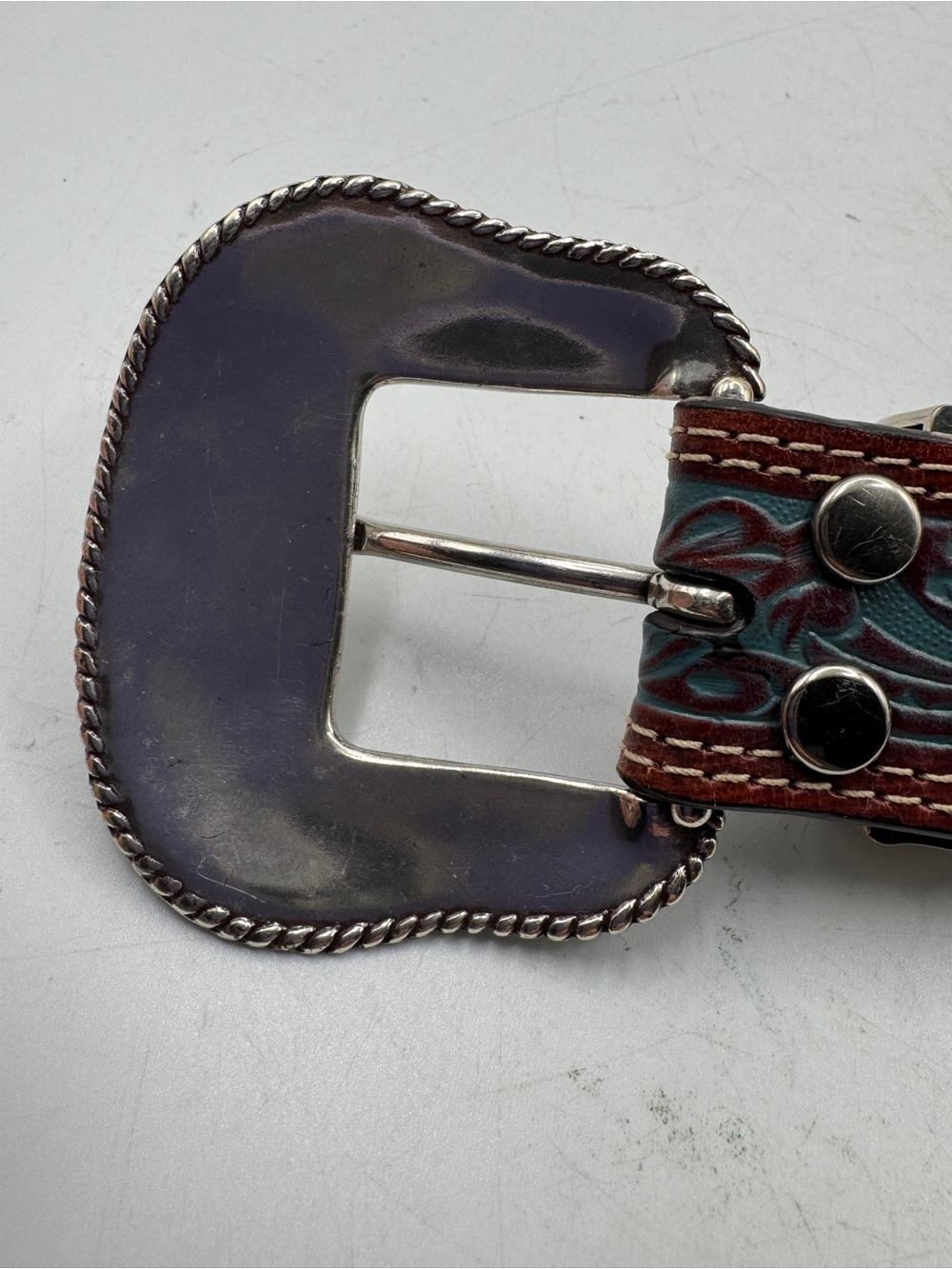 Tooled Leather Western Belt with Ornate Sparkle Floral Buckle - Teal & Brown XL - Picture 11 of 12